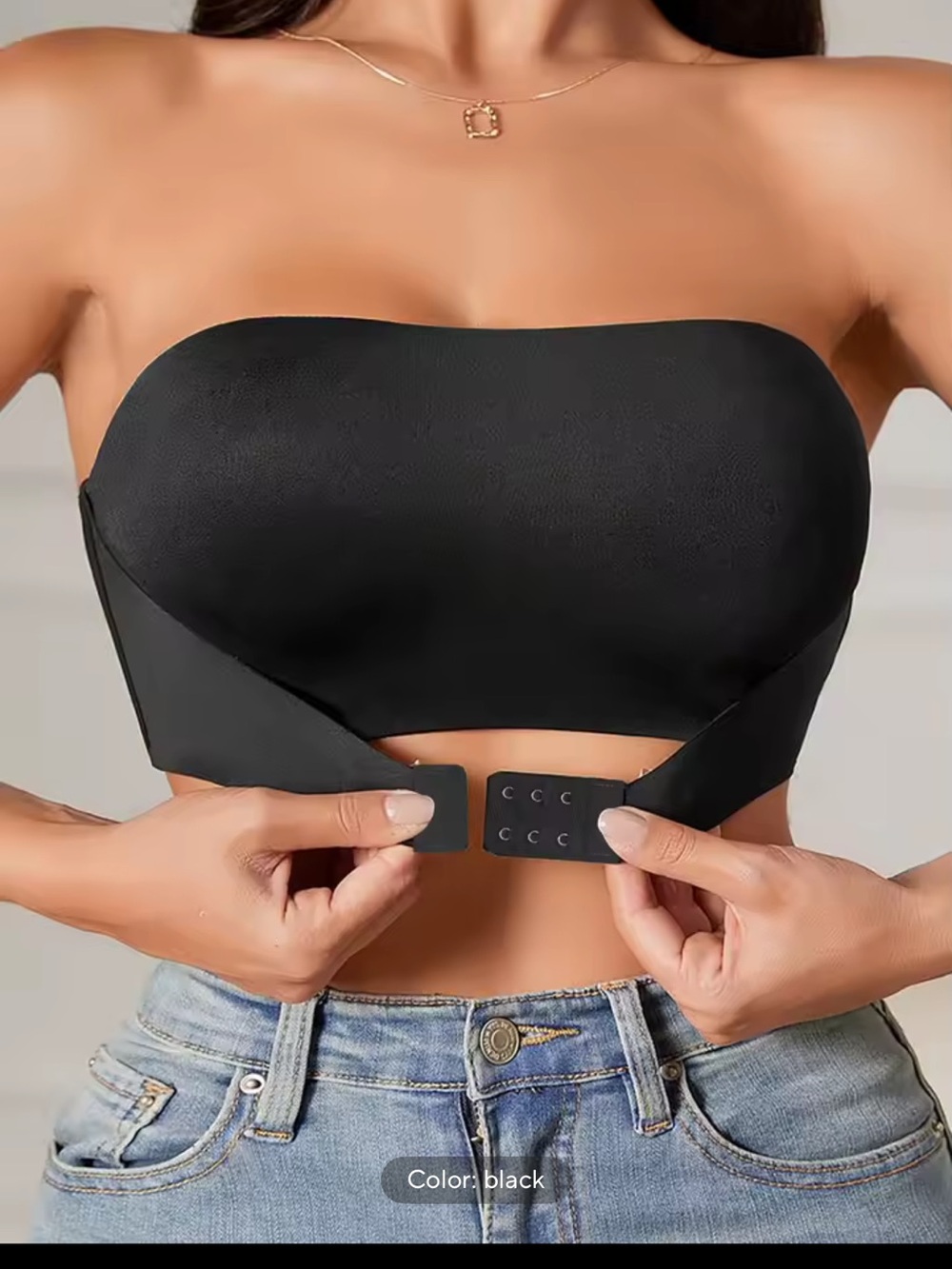 Strapless Adhesive Black Bandeau Bra with Front Hook Closure
